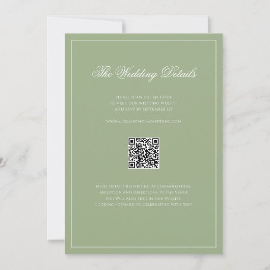 Classic Real Sage Green Border Wedding QR Code 招待状 (裏面)