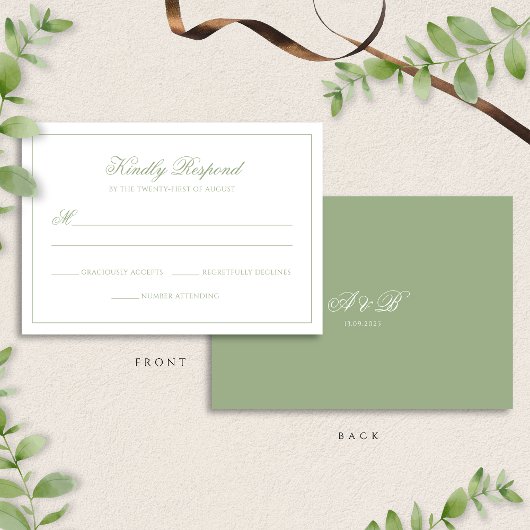 Classic Real Sage Green Monogram Script Wedding 出欠カード