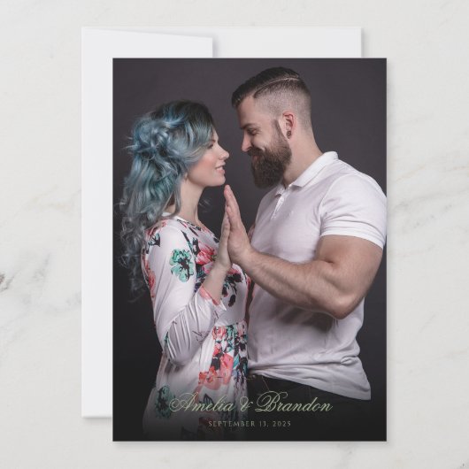 Classic Real Sage Green Script & Photo Wedding 招待状 (裏面)