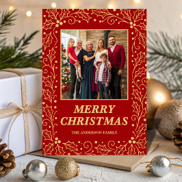 Classic Red & Antique-Gold Family Photo Christmas シーズンカード