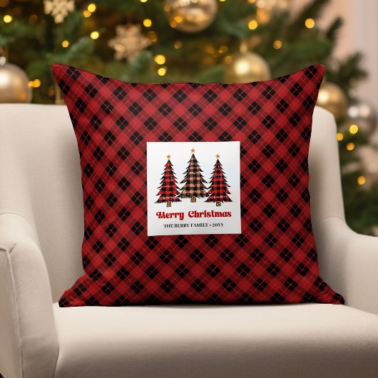 Classic Red Black Plaid Christmas Trees Pillow クッション