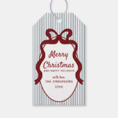 Classic Red Blue Stripes & Bow Frame Christmas  ギフトタグ (正面)