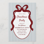 Classic Red Blue Stripes & Bow Frame Christmas  招待状 (正面)