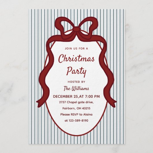 Classic Red Blue Stripes & Bow Frame Christmas  招待状 (正面)