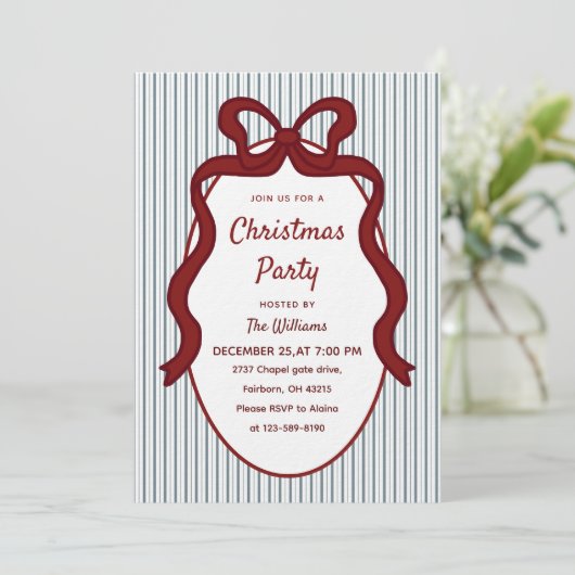 Classic Red Blue Stripes & Bow Frame Christmas  招待状 (スタンド正面)
