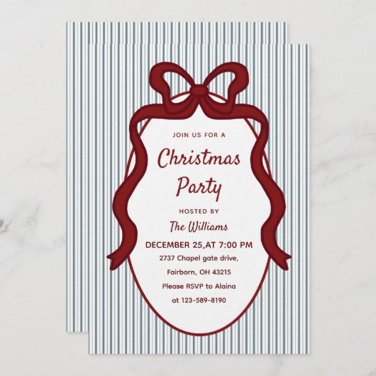 Classic Red Blue Stripes & Bow Frame Christmas  招待状 (正面/裏面)