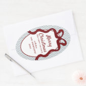 Classic Red Blue Stripes & Bow Frame Christmas  楕円形シール (封筒)