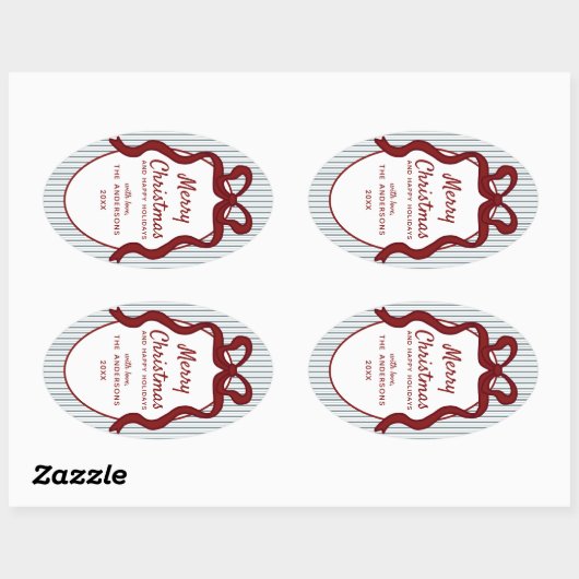 Classic Red Blue Stripes & Bow Frame Christmas  楕円形シール (シート)