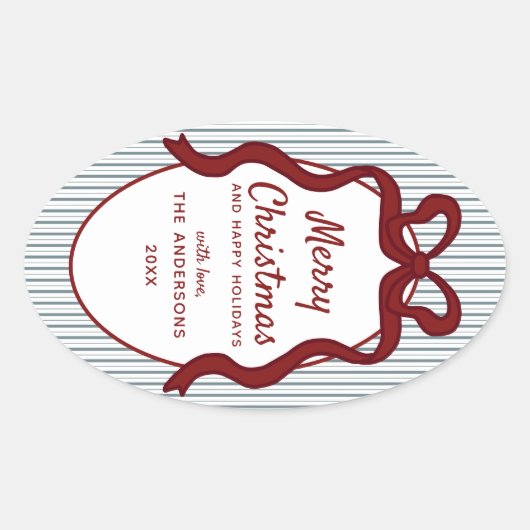 Classic Red Blue Stripes & Bow Frame Christmas 楕円形シール (正面)