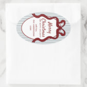 Classic Red Blue Stripes & Bow Frame Christmas  楕円形シール (バッグ)