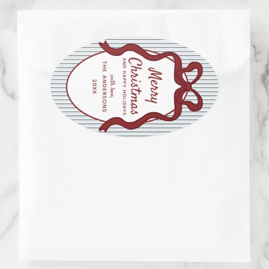 Classic Red Blue Stripes & Bow Frame Christmas  楕円形シール (バッグ)