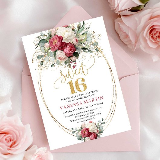 Classic Red Blush Floral Sweet 16 Birthday Invite 招待状