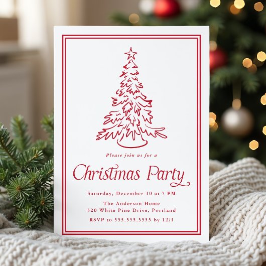 Classic Red Border Christmas Tree Christmas Party 招待状