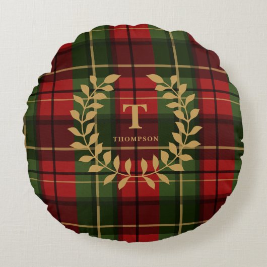 Classic Red Christmas Plaid With Monogram Wreath ラウンドクッション (正面)