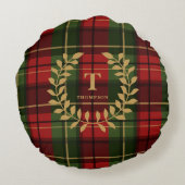 Classic Red Christmas Plaid With Monogram Wreath ラウンドクッション (裏面)