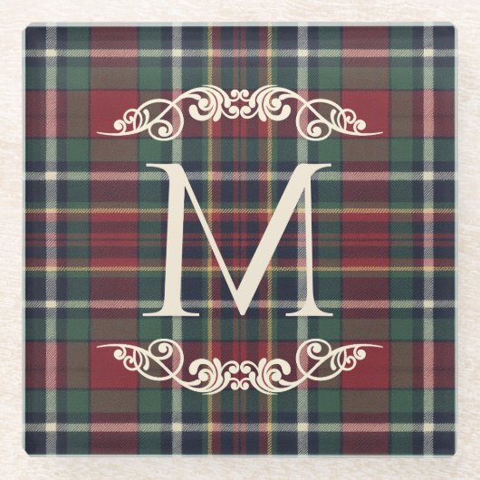 Classic Red Dark Blue Green Plaid Pattern ガラスコースター (正面)
