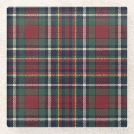 Classic Red Dark Blue Green Plaid Pattern ガラスコースター (正面)