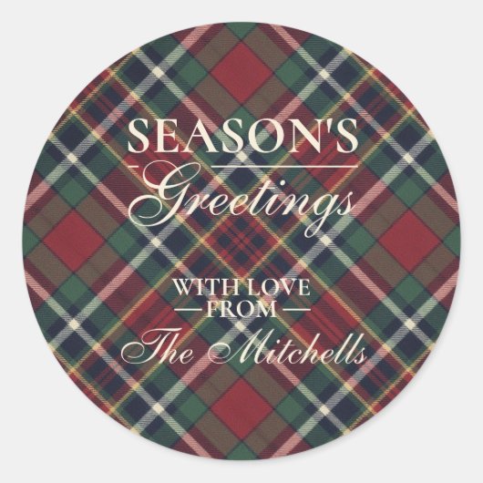 Classic Red Dark Blue Green Plaid Pattern ラウンドシール (正面)