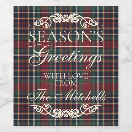 Classic Red Dark Blue Green Plaid Pattern ワインラベル (シングルラベル)