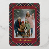 Classic Red Dark Blue Green Plaid Pattern Gold 箔シーズンカード (正面)