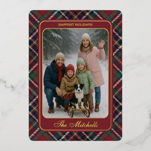 Classic Red Dark Blue Green Plaid Pattern Gold 箔シーズンカード (正面)