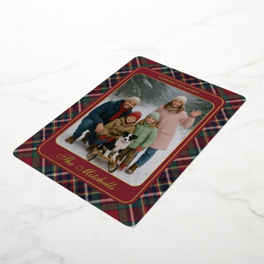 Classic Red Dark Blue Green Plaid Pattern Gold 箔シーズンカード (回転した状態)