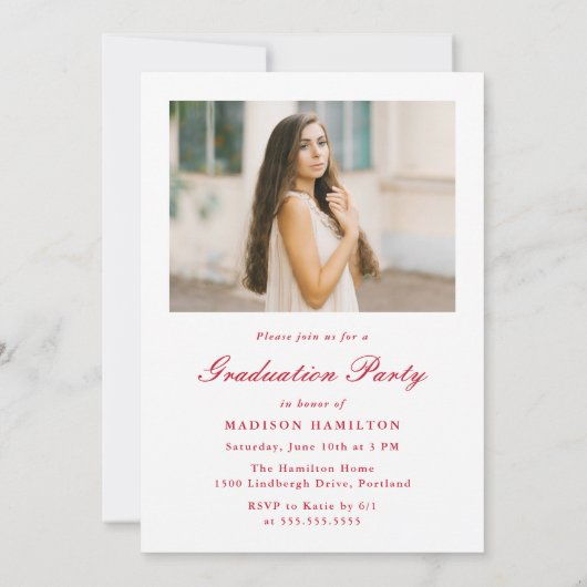 Classic Red Double Border Frame Photo Graduation 招待状 (裏面)