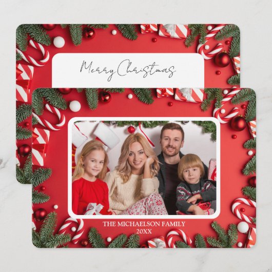 Classic Red Family Christmas Photo Card シーズンカード (正面/裏面)