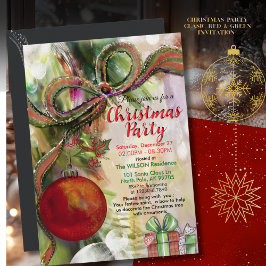 Classic Red Green Bow Watercolor Christmas Party  招待状