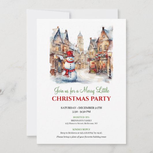 Classic red green Christmas scene party card 招待状 (正面)