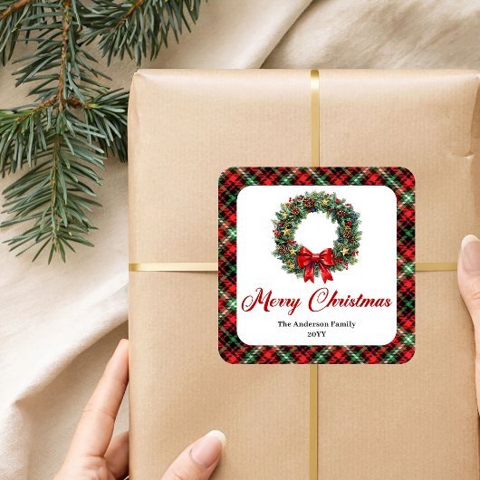 Classic Red Green Plaid Christmas Wreath Stickers スクエアシール