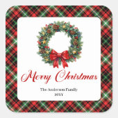 Classic Red Green Plaid Christmas Wreath Stickers スクエアシール (正面)