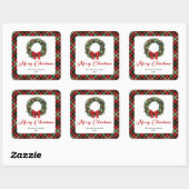 Classic Red Green Plaid Christmas Wreath Stickers スクエアシール (シート)