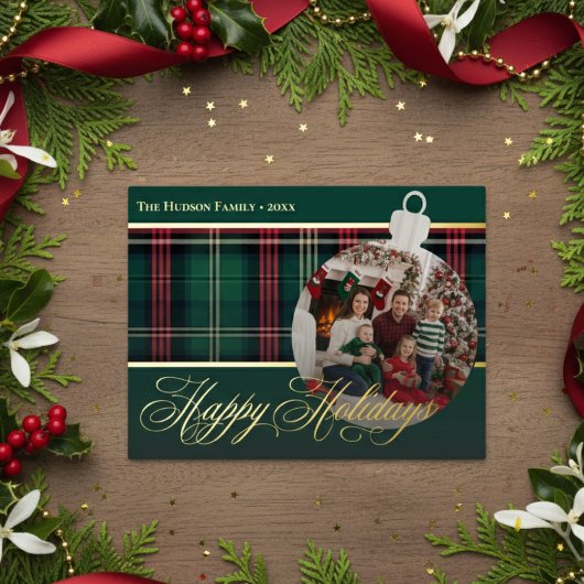 Classic Red Green Plaid Holidays Bulb Photo 箔シーズンポストカード
