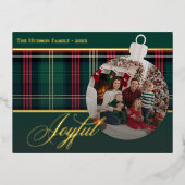 Classic Red Green Plaid Joyful Bulb Photo 箔シーズンポストカード (正面)