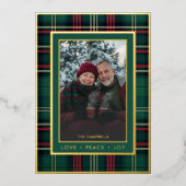 Classic Red Green Plaid Love Peace Joy Photo 箔シーズンカード (正面)