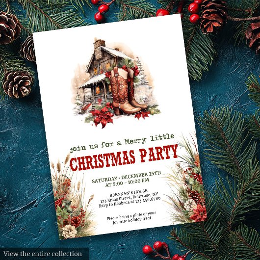 Classic red green ranch Christmas party invite 招待状