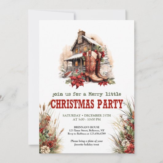 Classic red green ranch Christmas party invite 招待状 (正面)