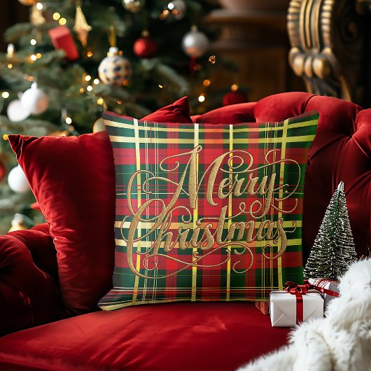 Classic Red & Green Tartan Christmas Throw Pillow  クッション