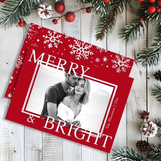 Classic Red Merry & Bright Bold Snowflake Photo シーズンカード
