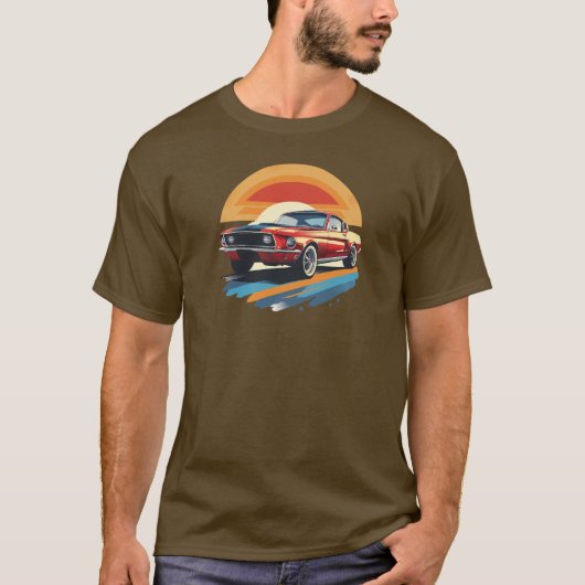 Classic Red Mustang with Retro Sunset Background Tシャツ (正面)