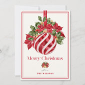 Classic Red Ornament Photo Christmas シーズンカード (正面)