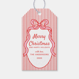 Classic Red Pink Stripes & Bow Frame Christmas  ギフトタグ