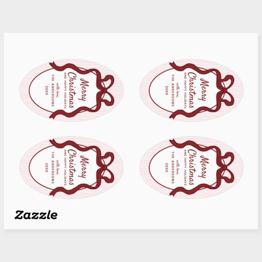 Classic Red Pink Stripes & Bow Frame Christmas  楕円形シール (シート)