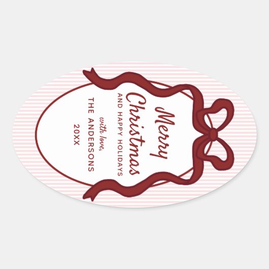 Classic Red Pink Stripes & Bow Frame Christmas  楕円形シール (正面)