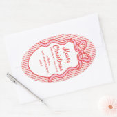 Classic Red Pink Stripes & Bow Frame Christmas  楕円形シール (封筒)