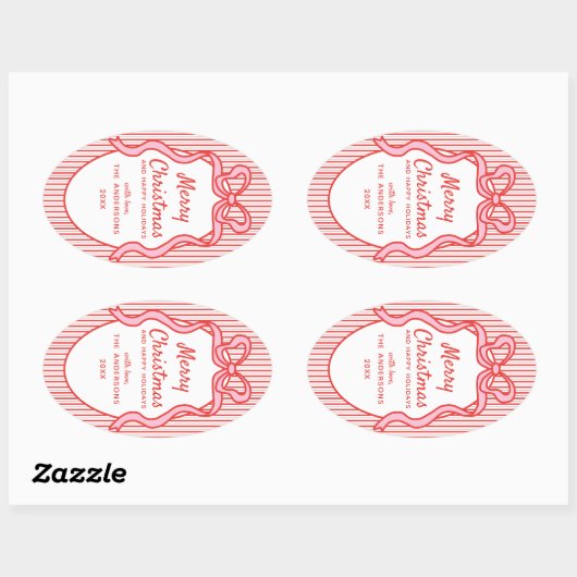 Classic Red Pink Stripes & Bow Frame Christmas  楕円形シール (シート)