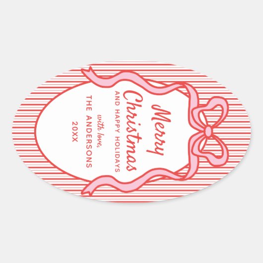 Classic Red Pink Stripes & Bow Frame Christmas  楕円形シール (正面)