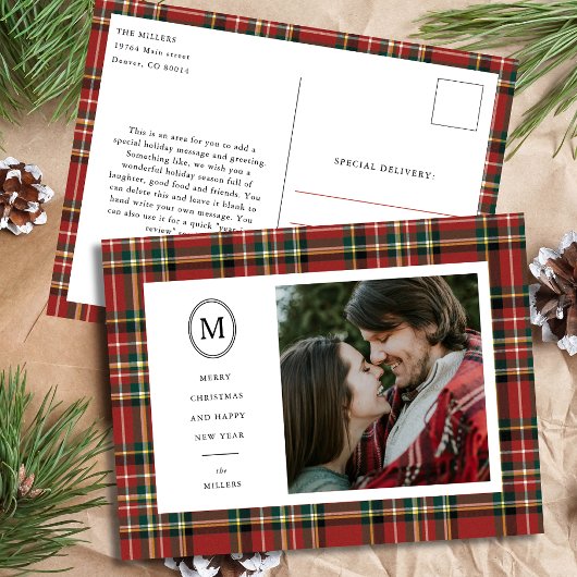 Classic Red Plaid Christmas Name Monogram 1 Photo シーズンポストカード