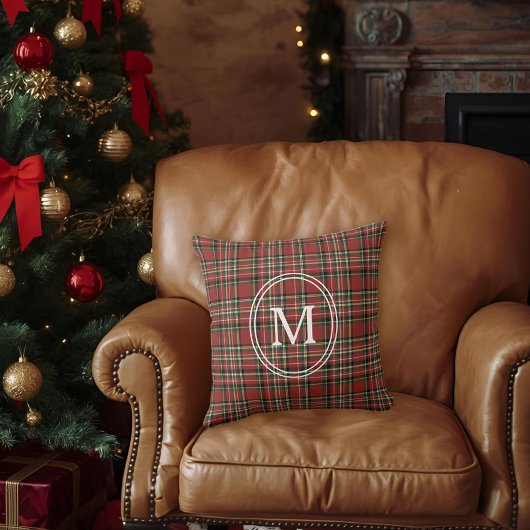 Classic Red Plaid Monogram Christmas Holiday クッション